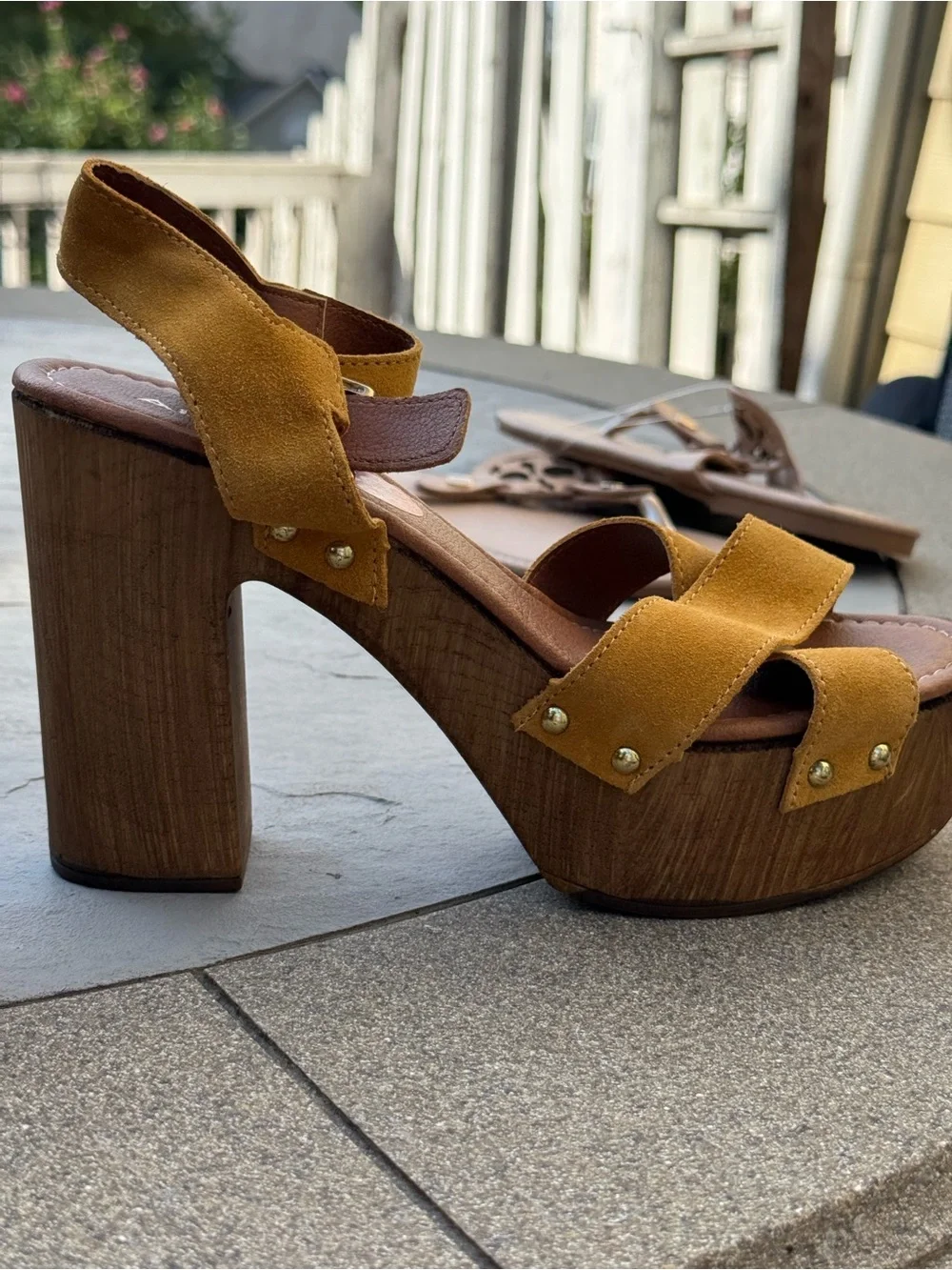 Aldo Mustard Suede Platform Sandals with Wood-Effect Block Heel